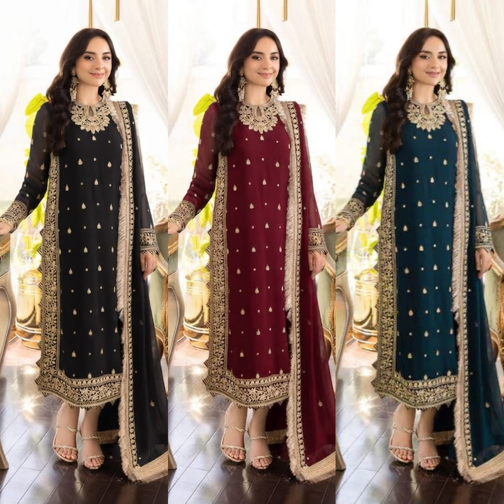 ASIM JOFA Replica Unstitched 3 Piece Chiffon Suit with Embroidered Dupatta