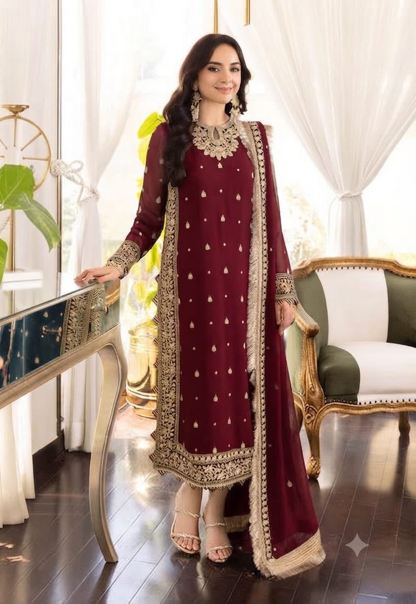 ASIM JOFA Replica Unstitched 3 Piece Chiffon Suit with Embroidered Dupatta