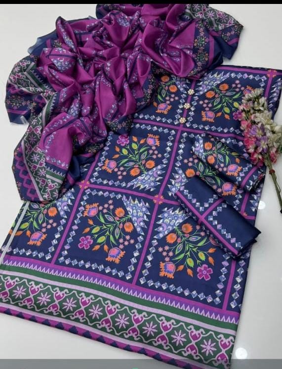 Digital Printed 3 Piece Shamooz Silk Suit with Matching Silk Dupatta