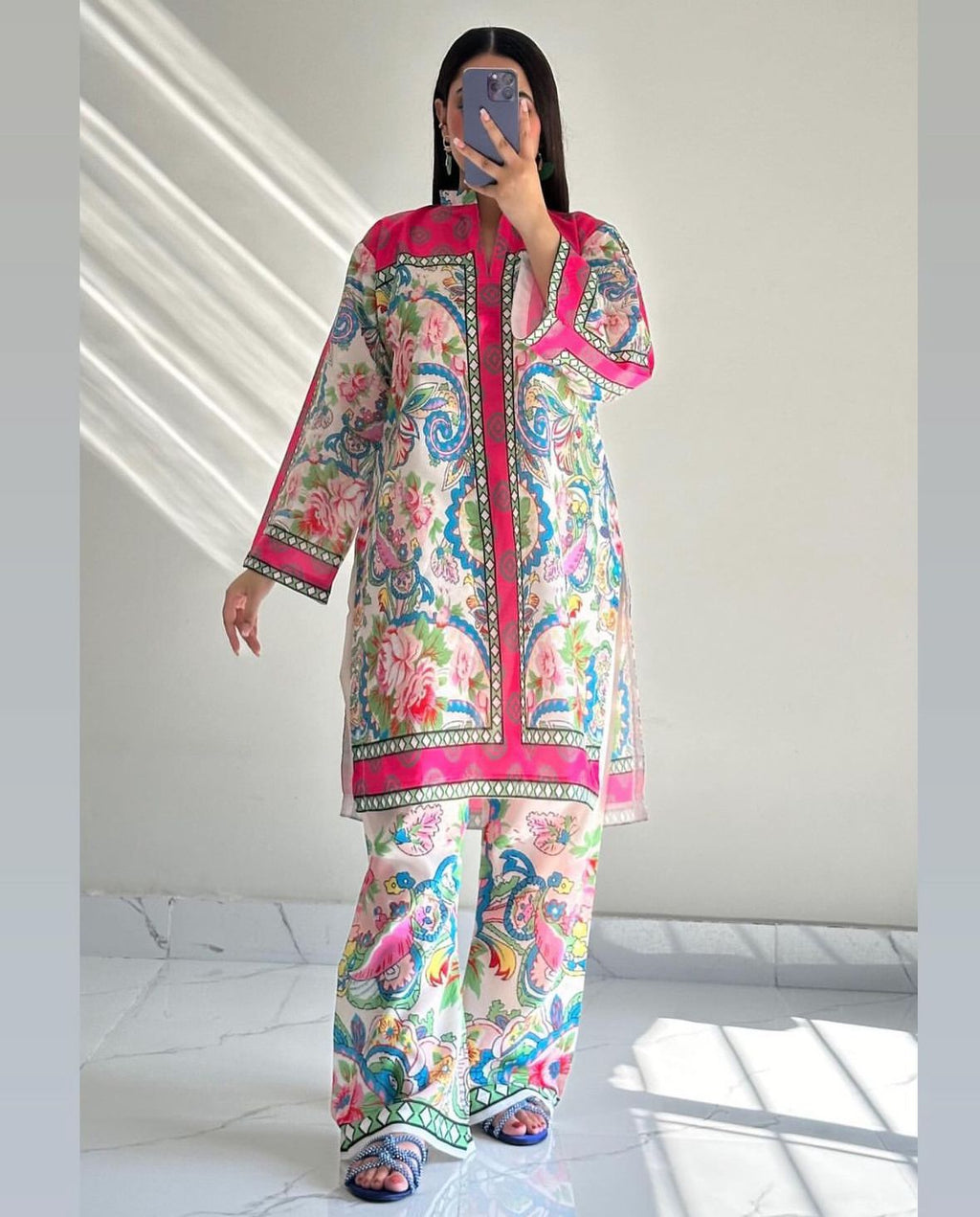 Digital Printed 3 Piece Shamooz Silk Suit with Matching Silk Dupatta