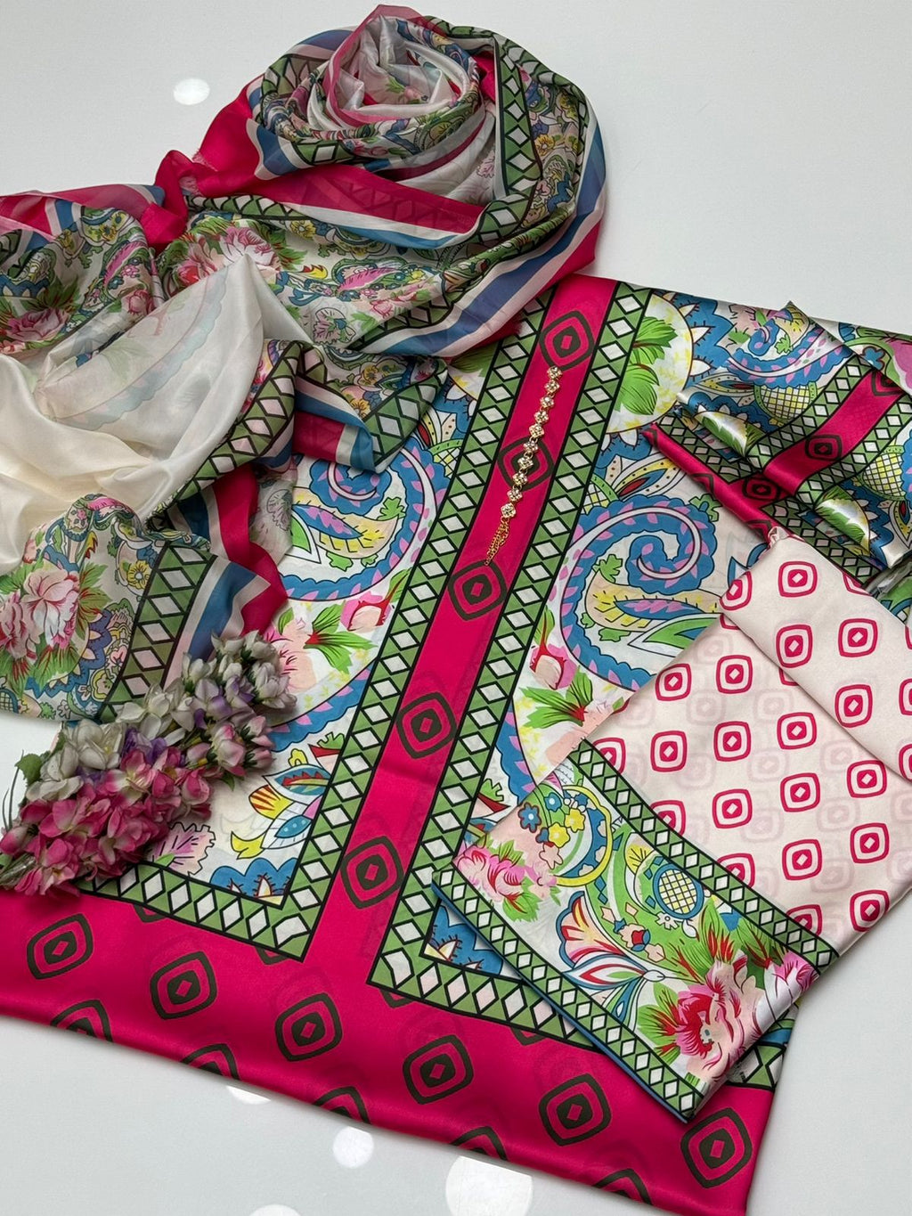 Digital Printed 3 Piece Shamooz Silk Suit with Matching Silk Dupatta