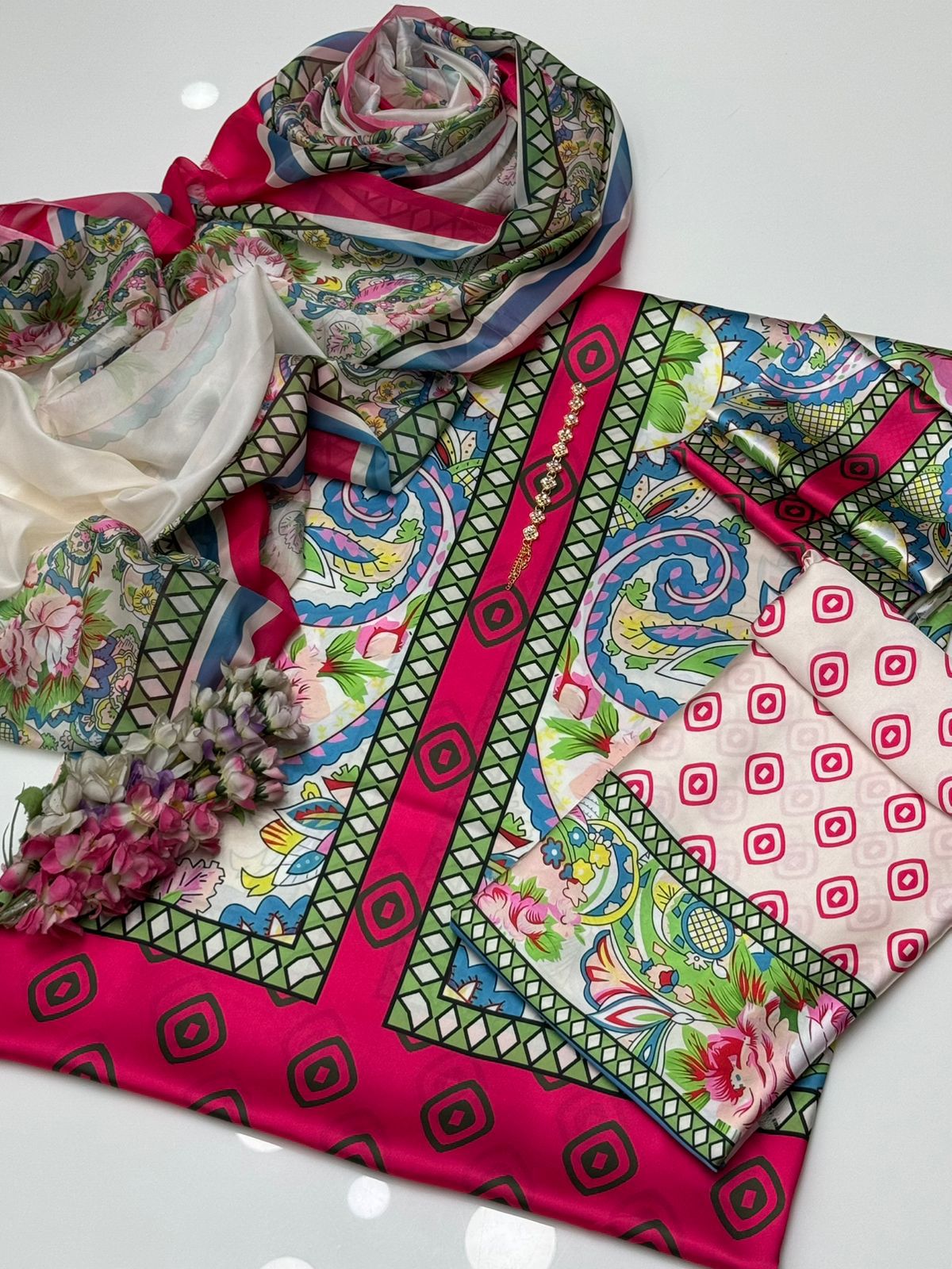 Digital Printed 3 Piece Shamooz Silk Suit with Matching Silk Dupatta