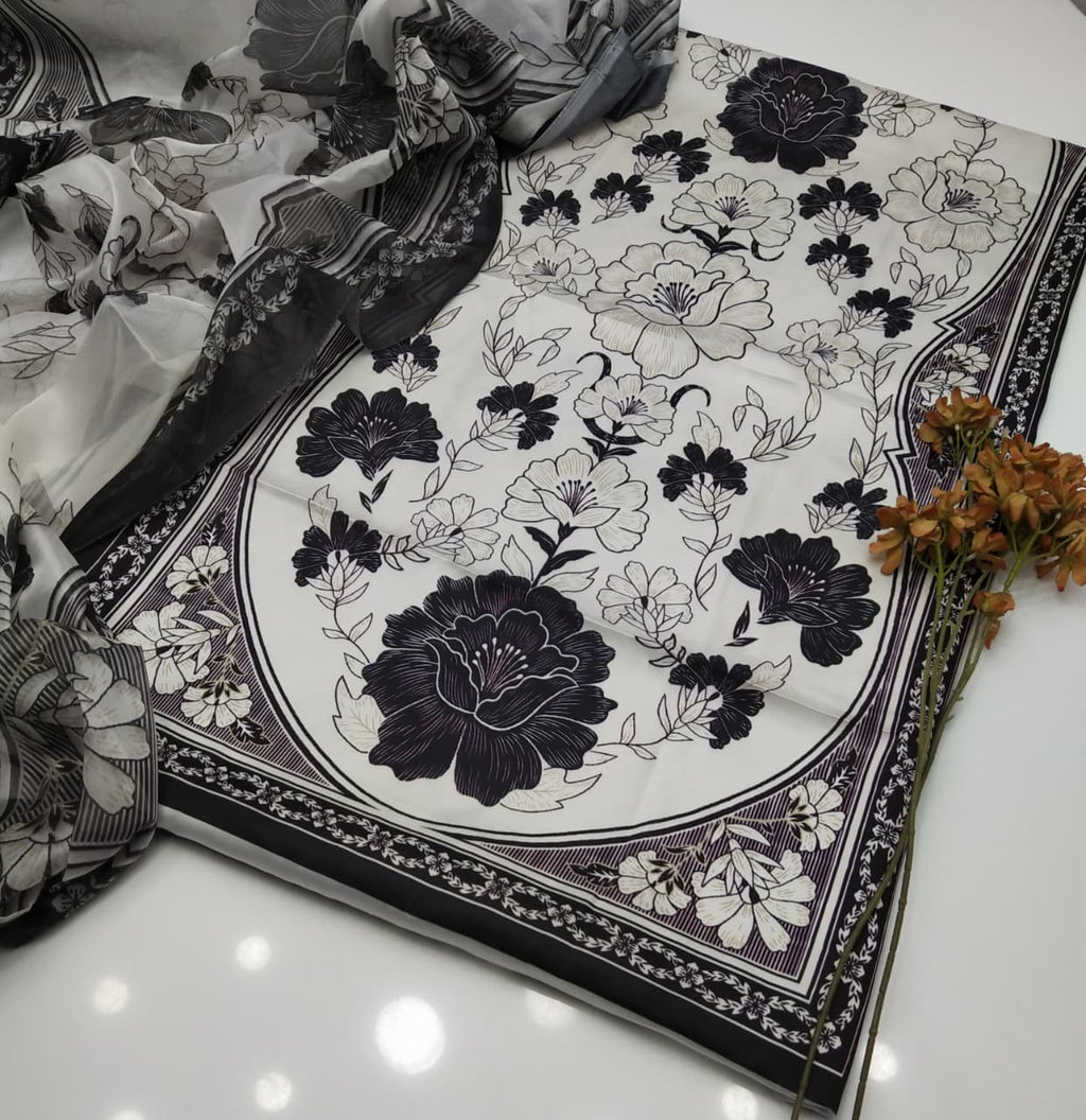 Digital Printed 3 Piece Shamooz Silk Suit with Matching Silk Dupatta