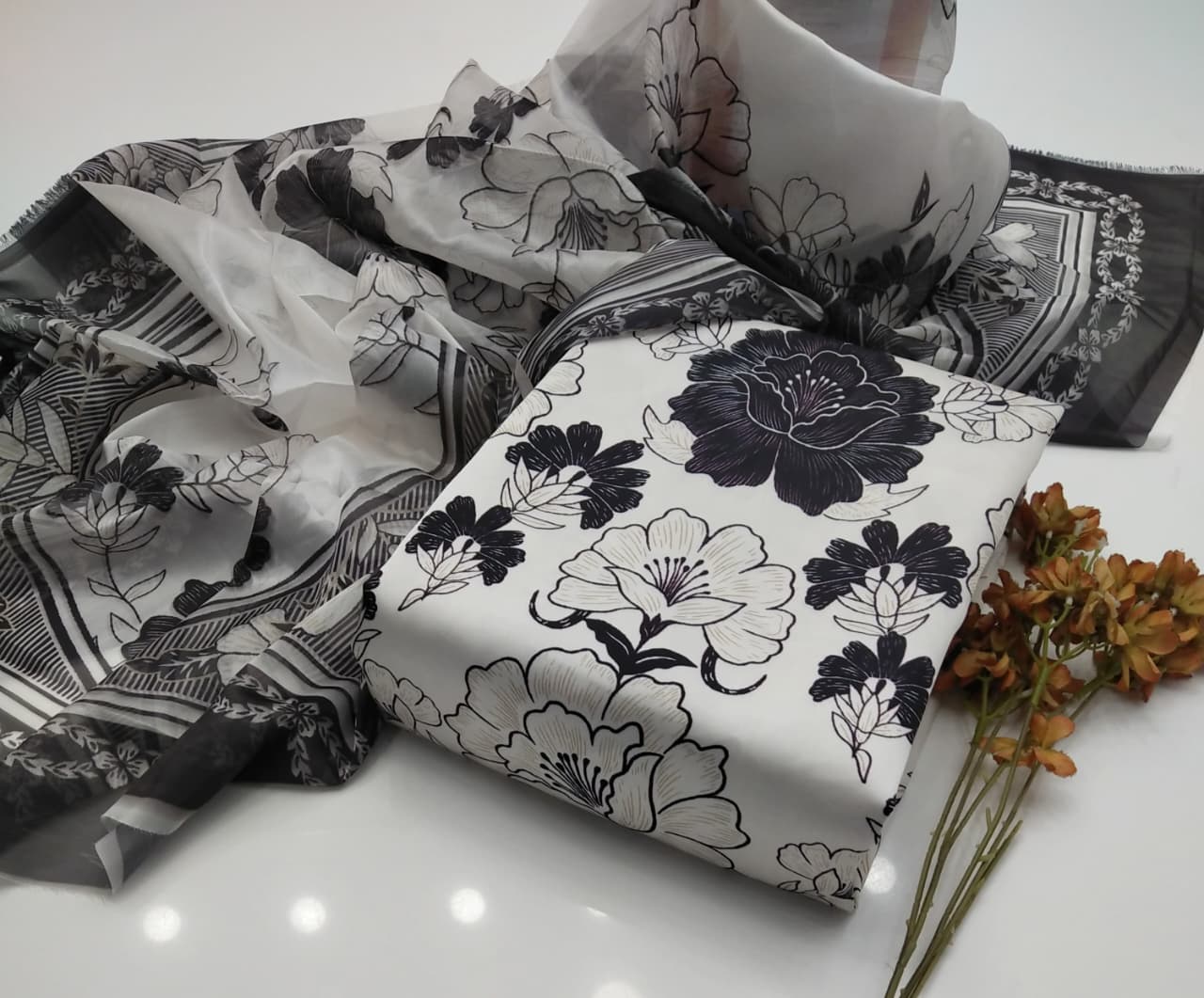 Digital Printed 3 Piece Shamooz Silk Suit with Matching Silk Dupatta