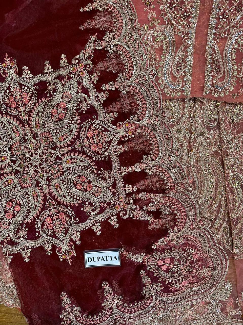 Maria B Unstitched Replica Premium Net Frock with Satin Silk Trouser – Sequence & Handwork