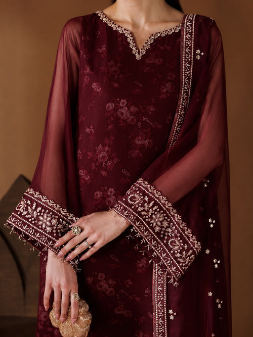 BAROQUE Luxury Chiffon Printed & Embroidered 3 Piece Suit – Black & Maroon