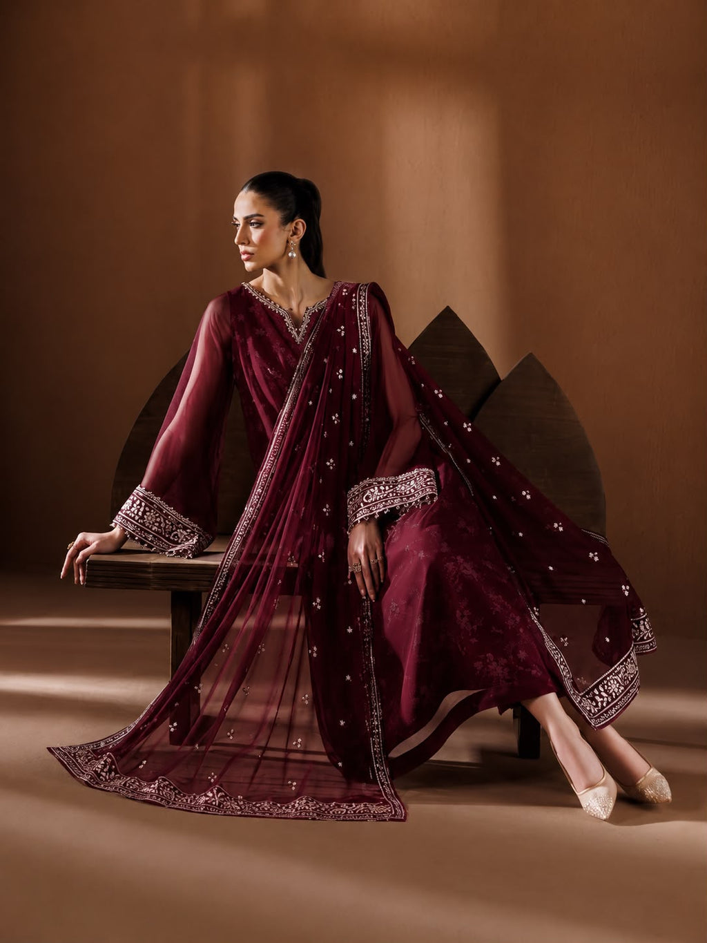 BAROQUE Luxury Chiffon Printed & Embroidered 3 Piece Suit – Black & Maroon
