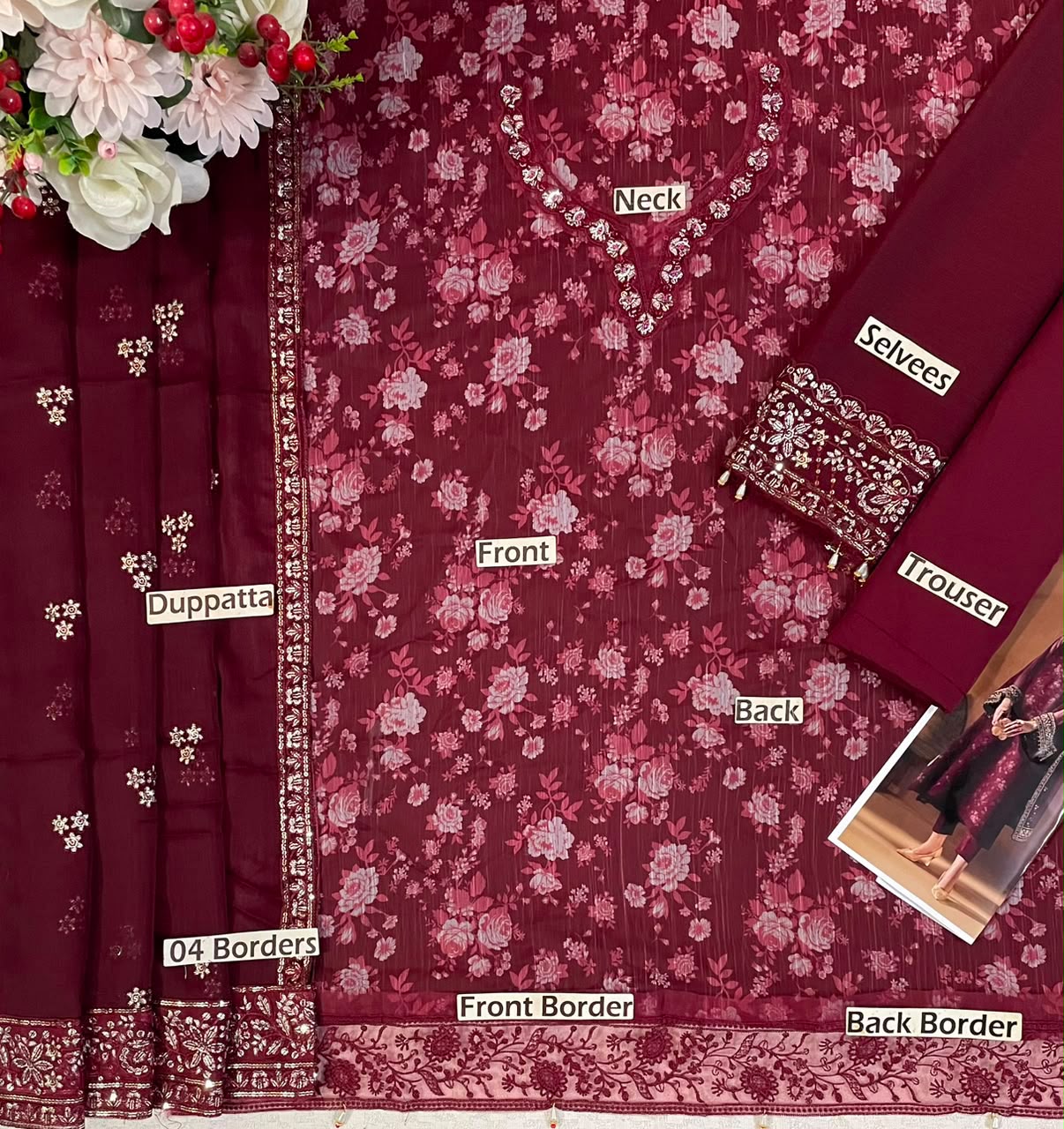 BAROQUE Luxury Chiffon Printed & Embroidered 3 Piece Suit – Black & Maroon