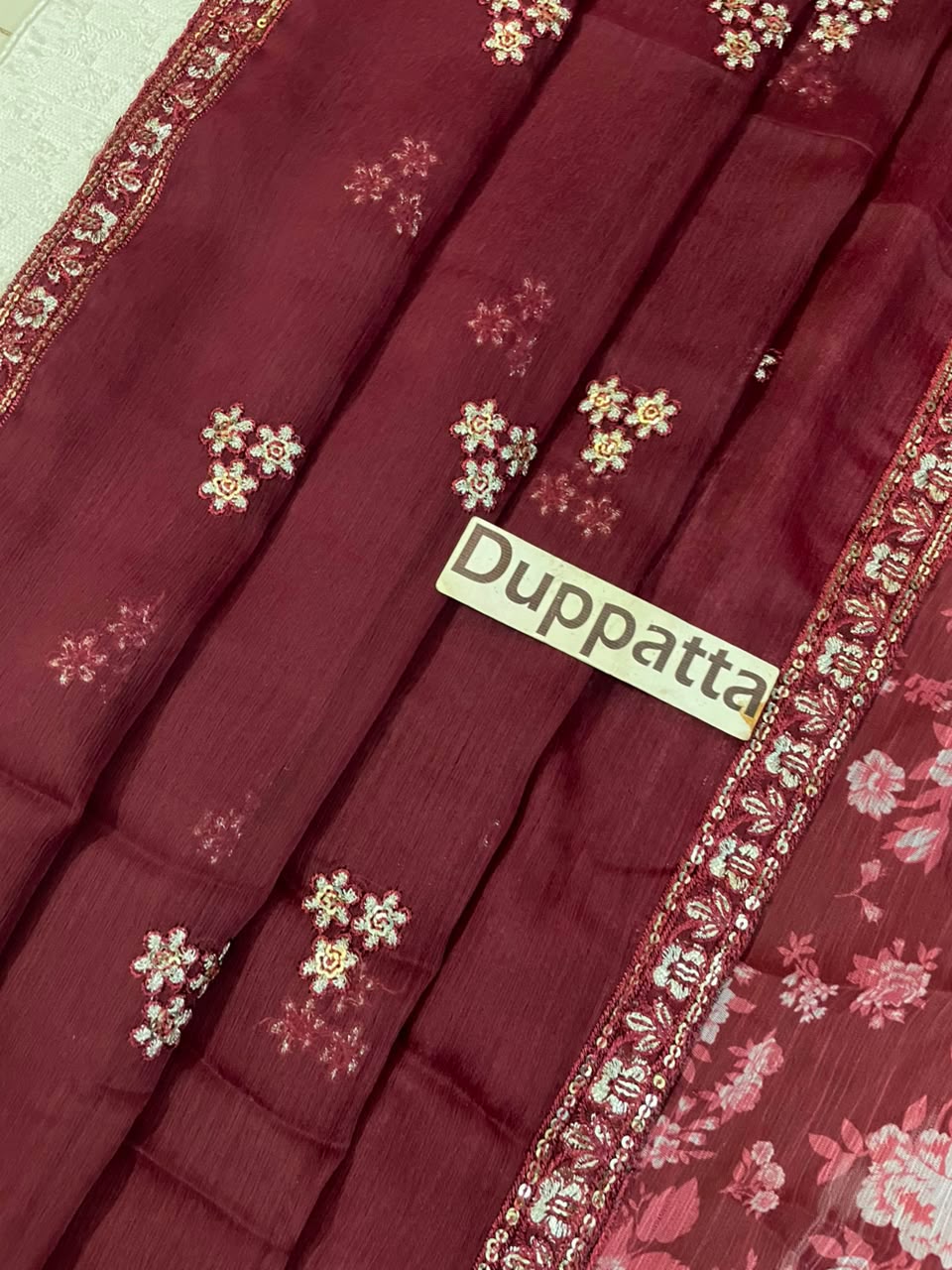 BAROQUE Luxury Chiffon Printed & Embroidered 3 Piece Suit – Black & Maroon