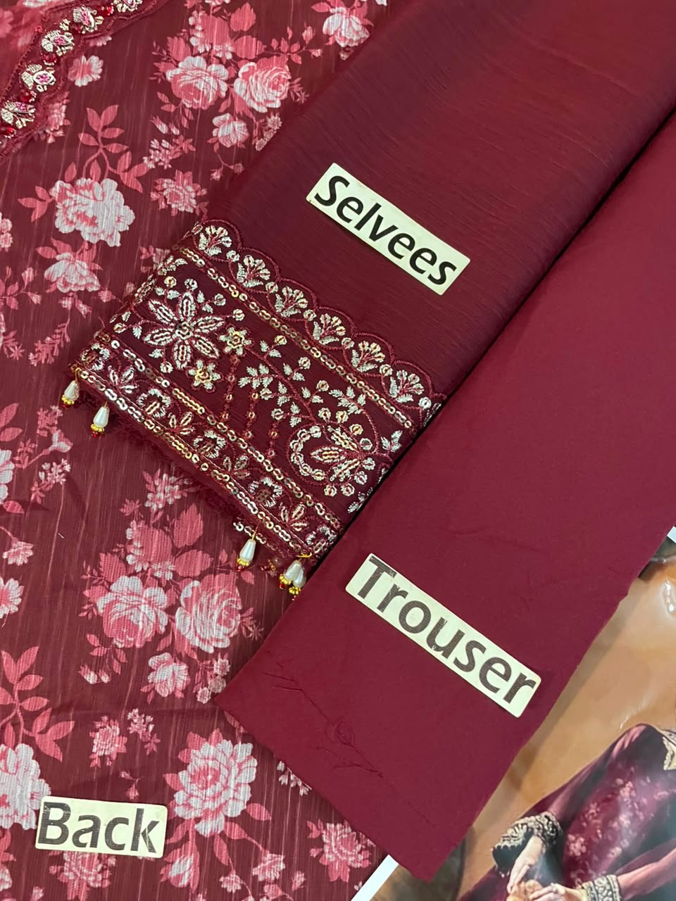 BAROQUE Luxury Chiffon Printed & Embroidered 3 Piece Suit – Black & Maroon
