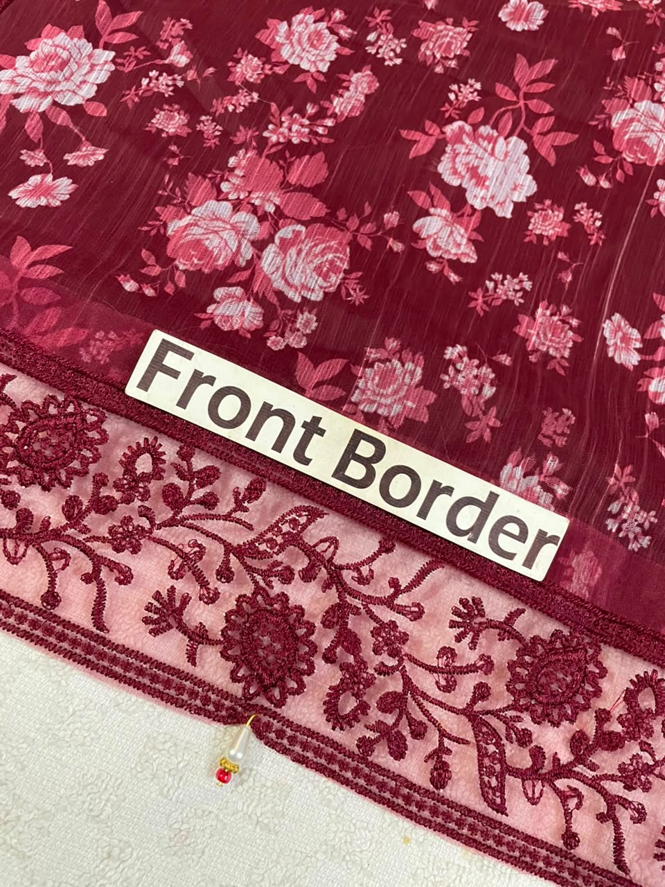 BAROQUE Luxury Chiffon Printed & Embroidered 3 Piece Suit – Black & Maroon