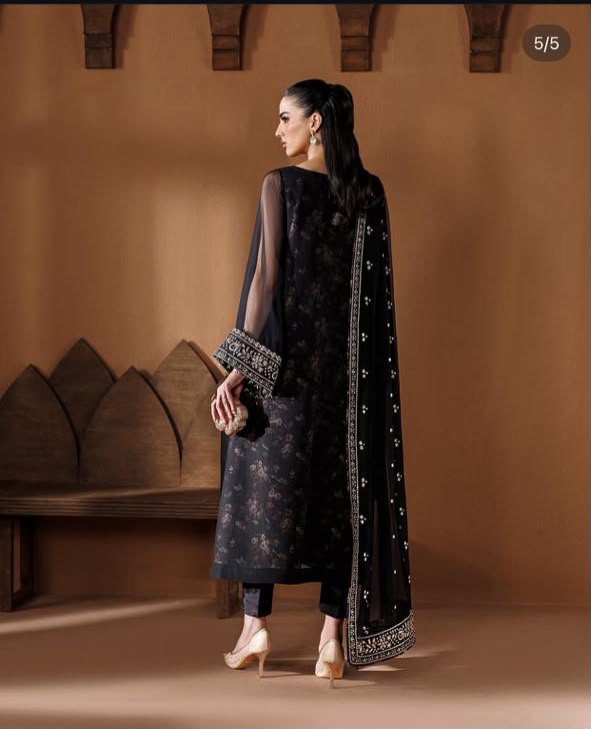 BAROQUE Luxury Chiffon Printed & Embroidered 3 Piece Suit – Black & Maroon
