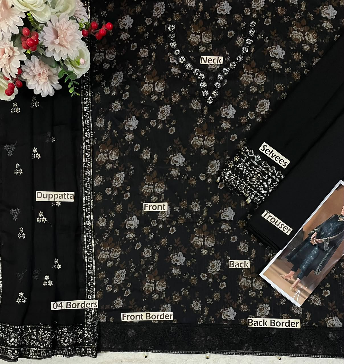 BAROQUE Luxury Chiffon Printed & Embroidered 3 Piece Suit – Black & Maroon