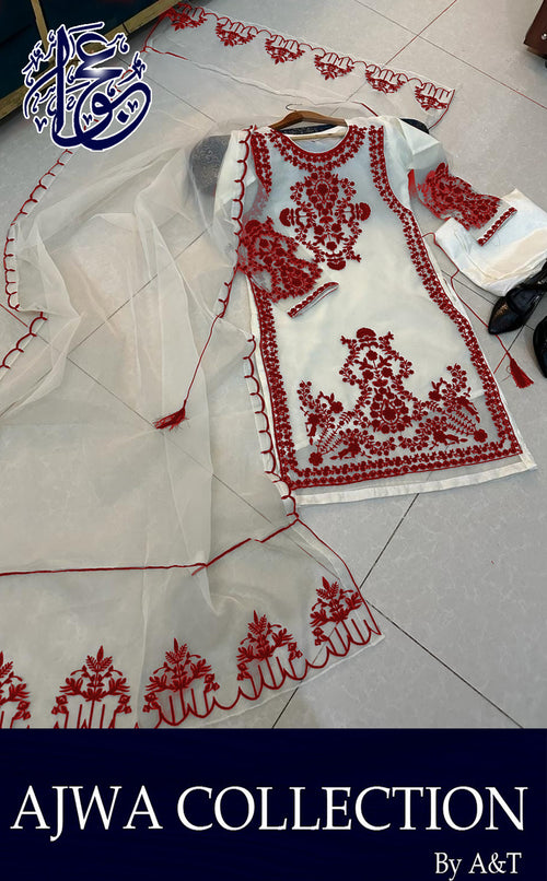 Ajwa Collection by A&T Premium Organza Embroidered 3 Piece Suit with Embroidered Dupatta
