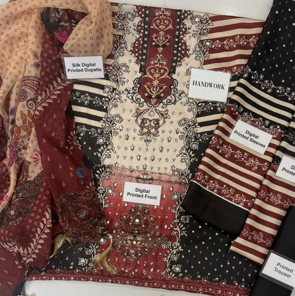 Lulusar Premium Unstitched Silk 3 Piece Suit with Digital Print & Embroidery