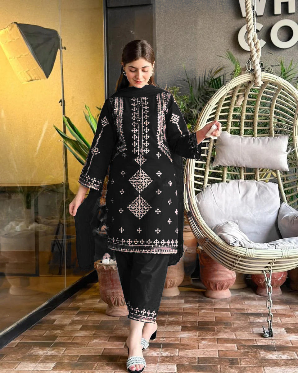 Women's Ready to Wear Bareeza Cotton 3 Piece Suit with Sequence Embroidery & Chiffon Dupatta