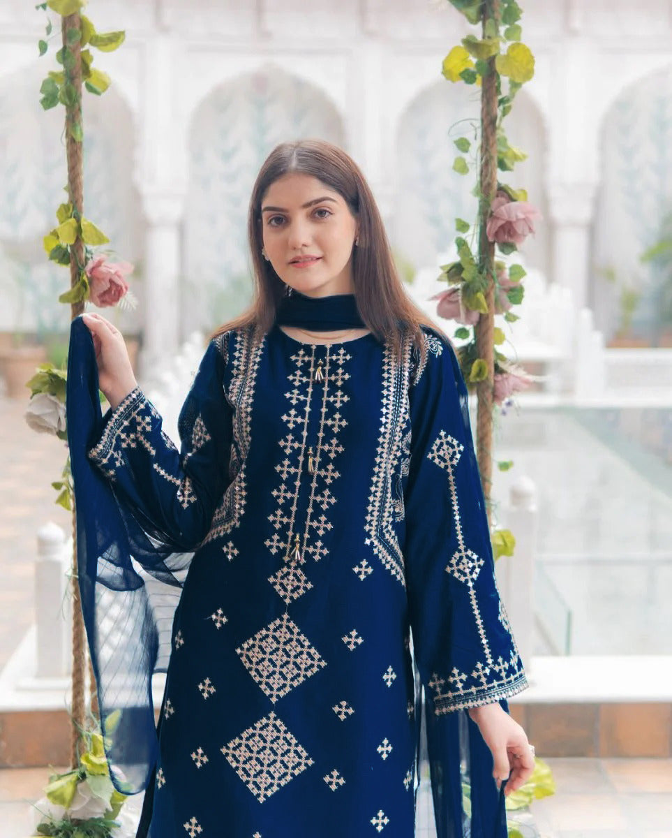 Women's Ready to Wear Bareeza Cotton 3 Piece Suit with Sequence Embroidery & Chiffon Dupatta