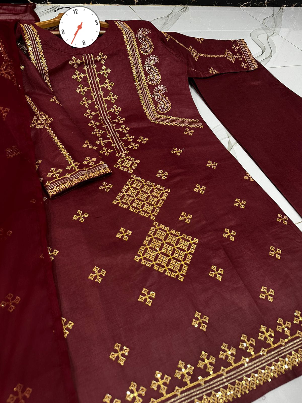Women's Ready to Wear Bareeza Cotton 3 Piece Suit with Sequence Embroidery & Chiffon Dupatta