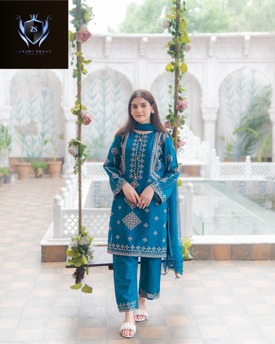 Women's Ready to Wear Bareeza Cotton 3 Piece Suit with Sequence Embroidery & Chiffon Dupatta