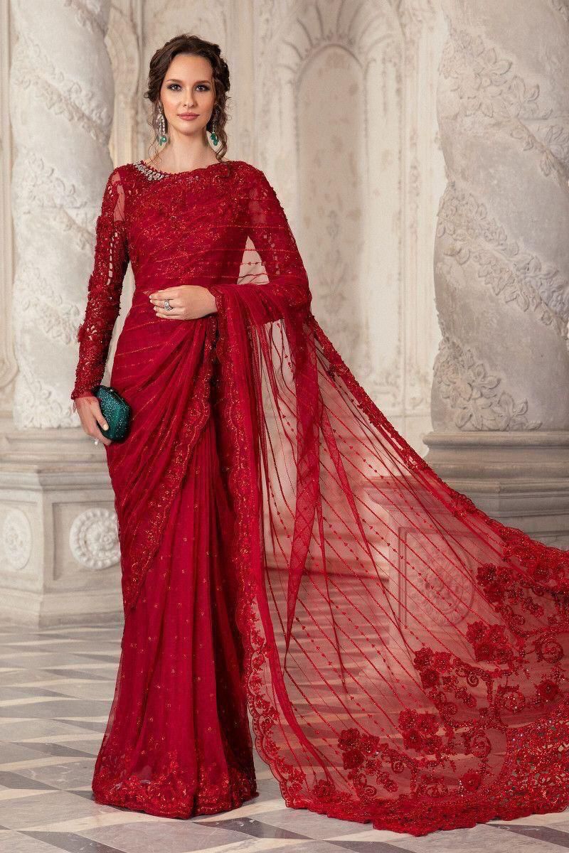 Maria B Exclusive Premium Net Embroidered Saree with Heavy Adda Work & Cutwork Borders