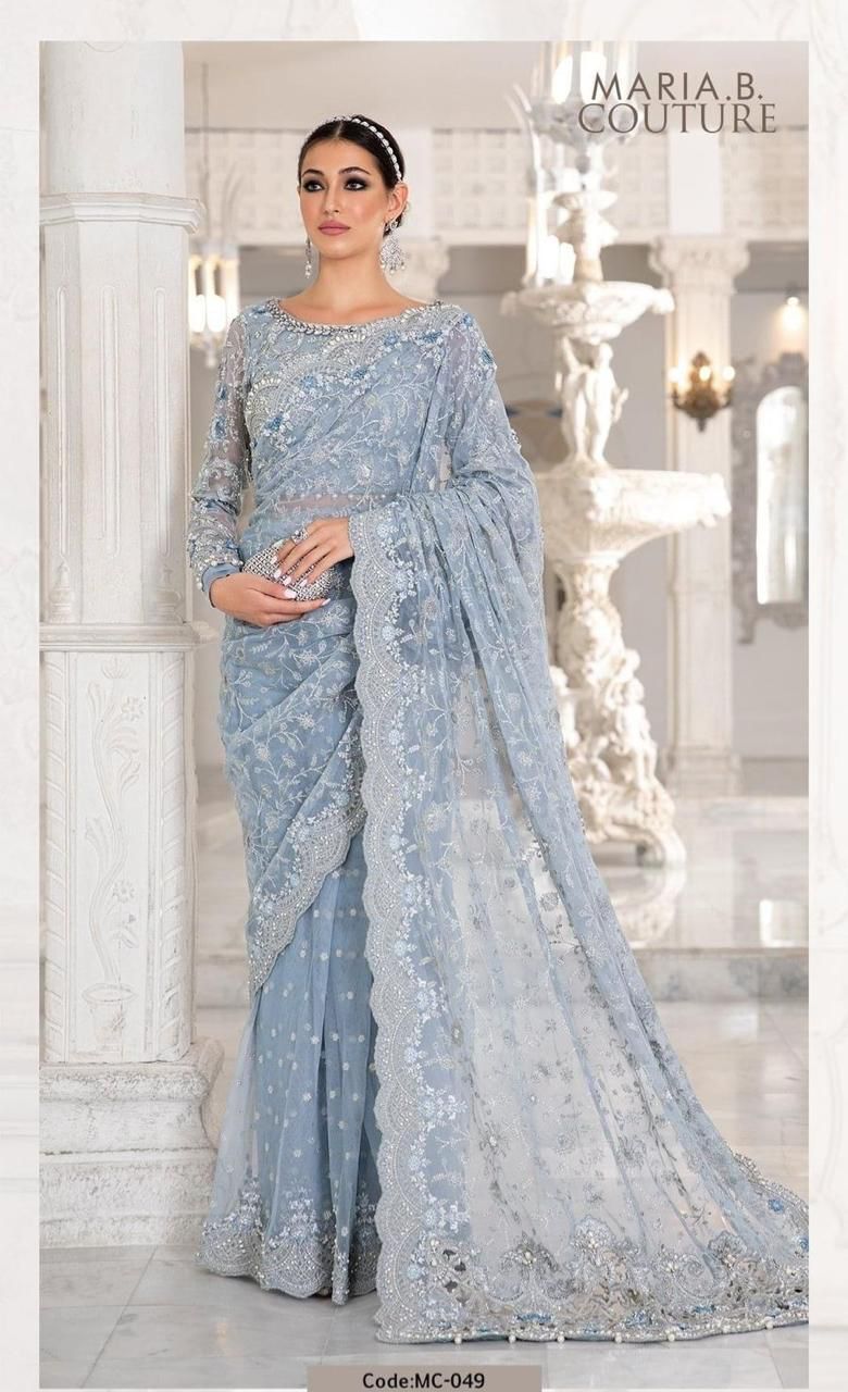 Maria B Exclusive Master Blaster Premium Heavy Embroidered Net Saree with Adda Work