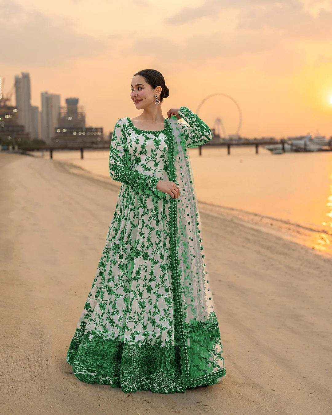 Independence Day Special Green Printed Maxi 3 Piece Suit with Monar Dupatta