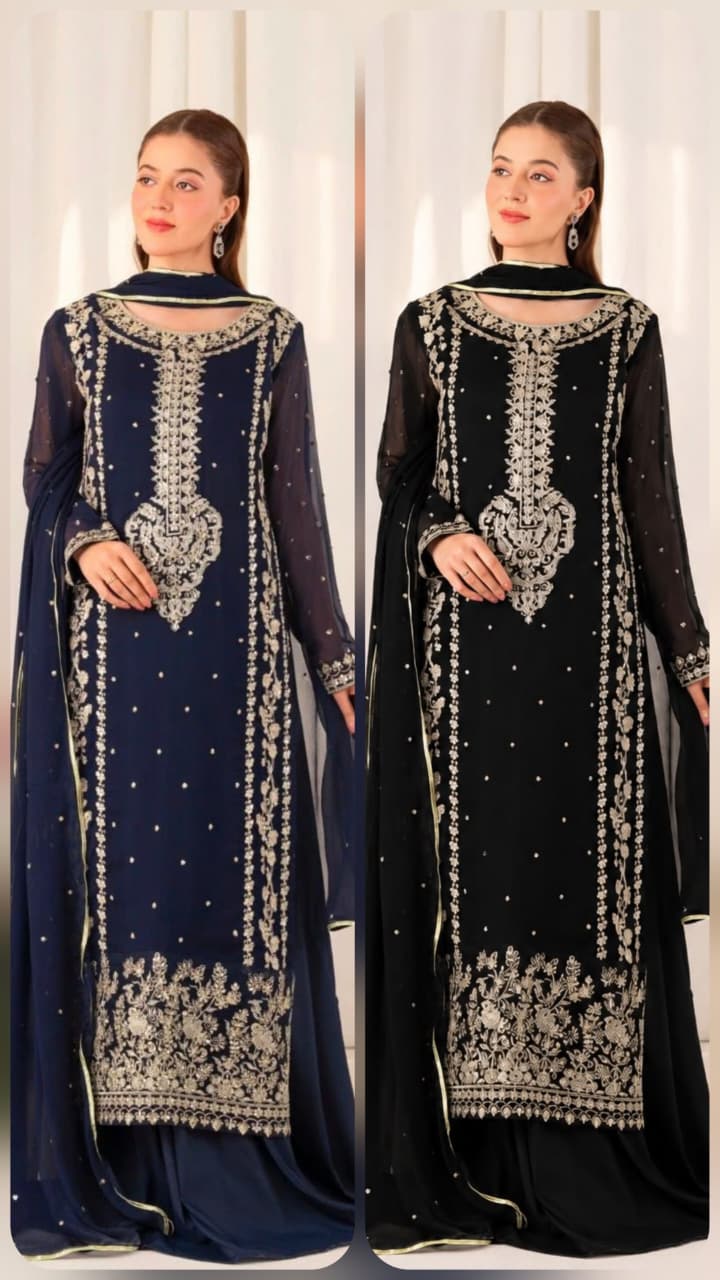 LAAM Luxury Chiffon Embroidered 3 Piece Suit with Ready to Wear Chiffon Dupatta