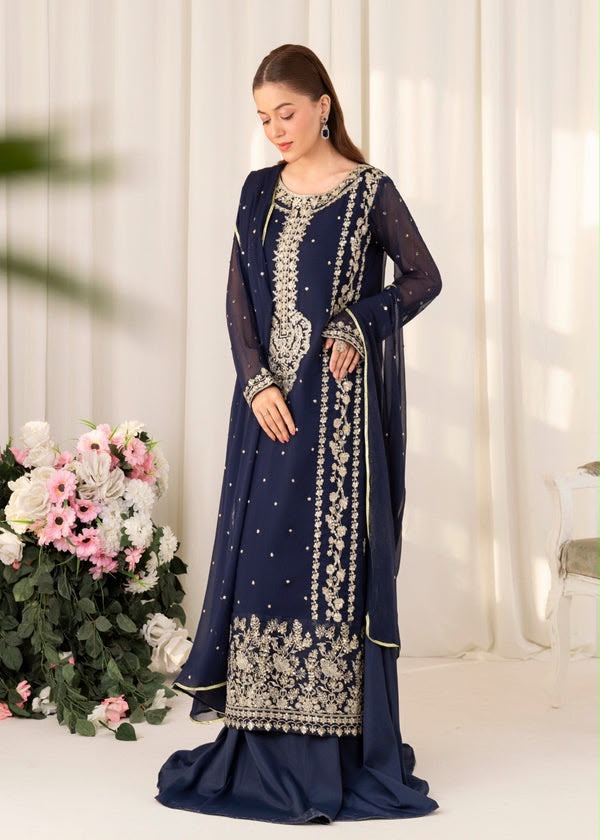 LAAM Luxury Chiffon Embroidered 3 Piece Suit with Ready to Wear Chiffon Dupatta