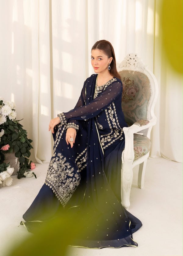 LAAM Luxury Chiffon Embroidered 3 Piece Suit with Ready to Wear Chiffon Dupatta