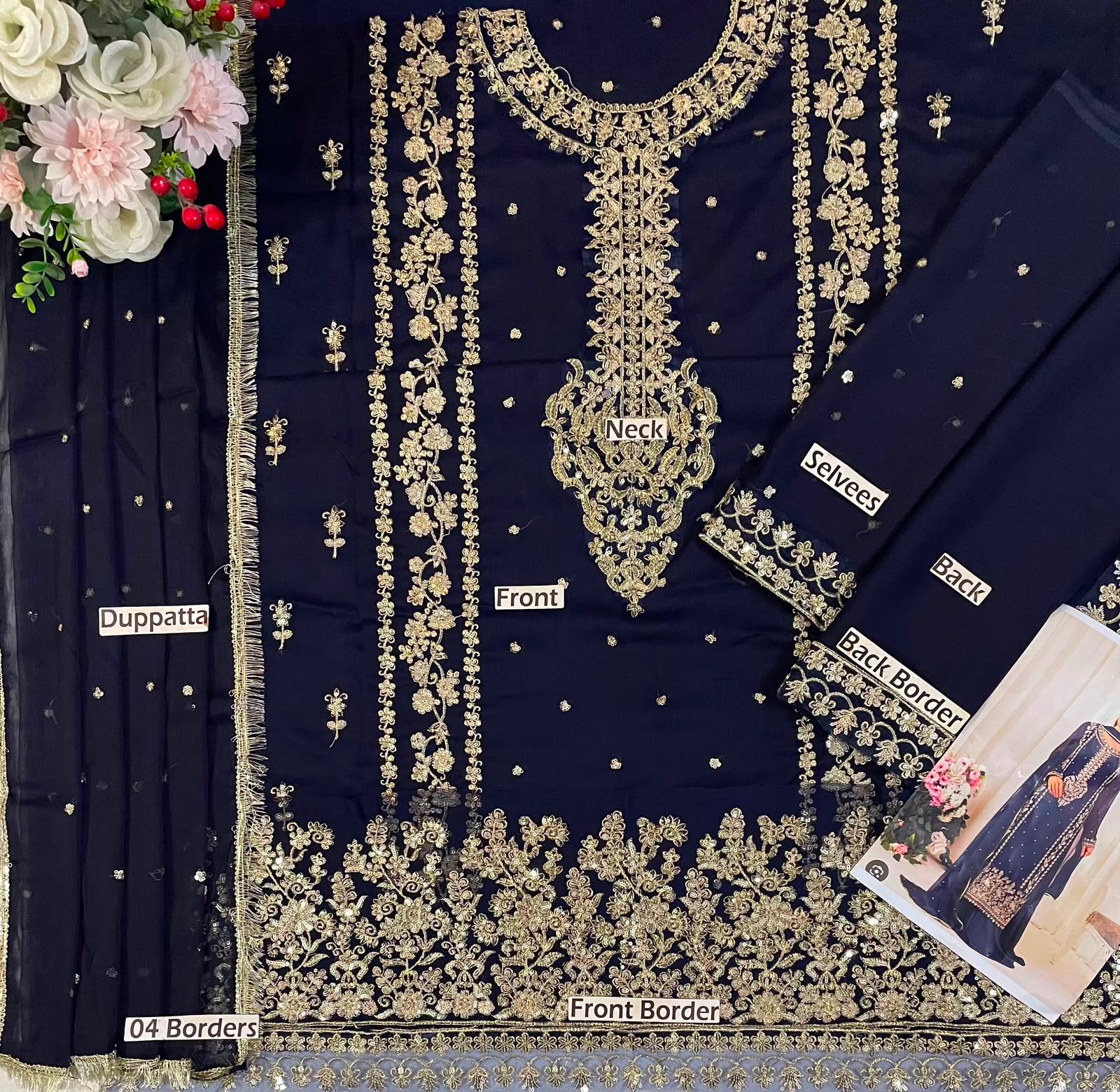 LAAM Luxury Chiffon Embroidered 3 Piece Suit with Ready to Wear Chiffon Dupatta
