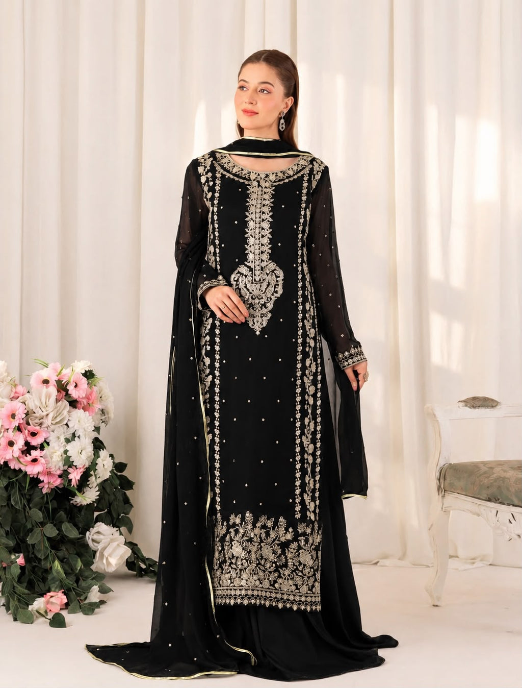LAAM Luxury Chiffon Embroidered 3 Piece Suit with Ready to Wear Chiffon Dupatta