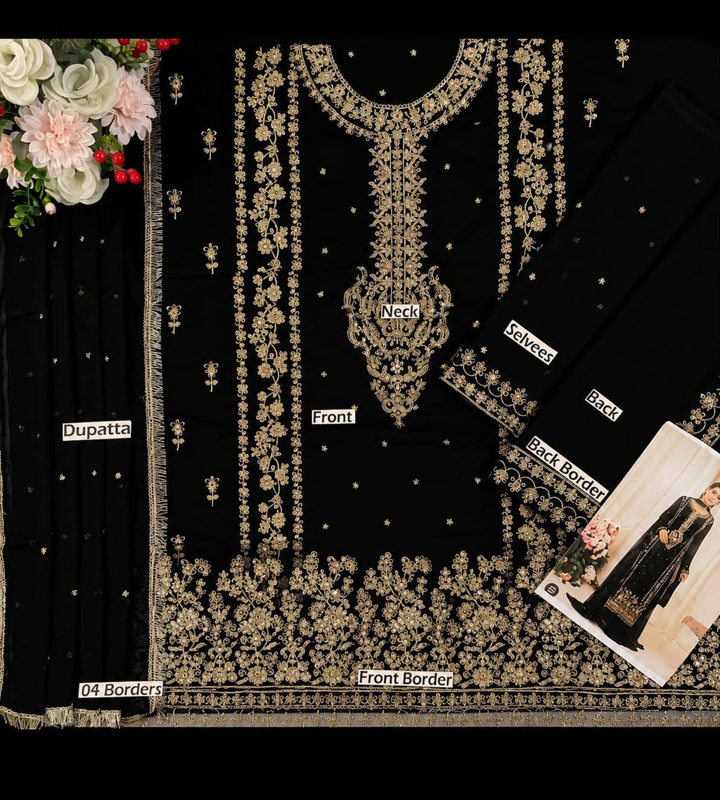 LAAM Luxury Chiffon Embroidered 3 Piece Suit with Ready to Wear Chiffon Dupatta
