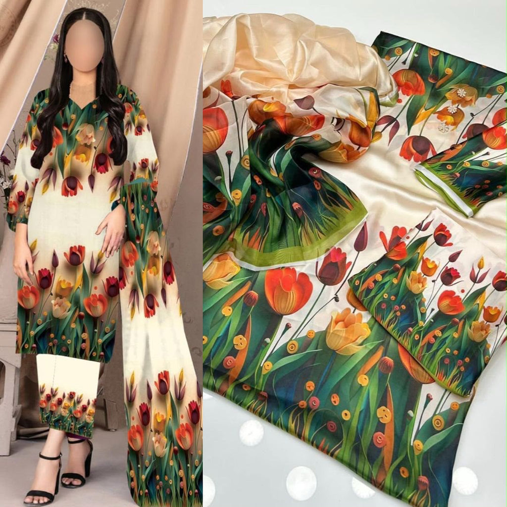 Tie & Dye Digital Printed Shamooz Silk 3 Piece Unstitched Suit