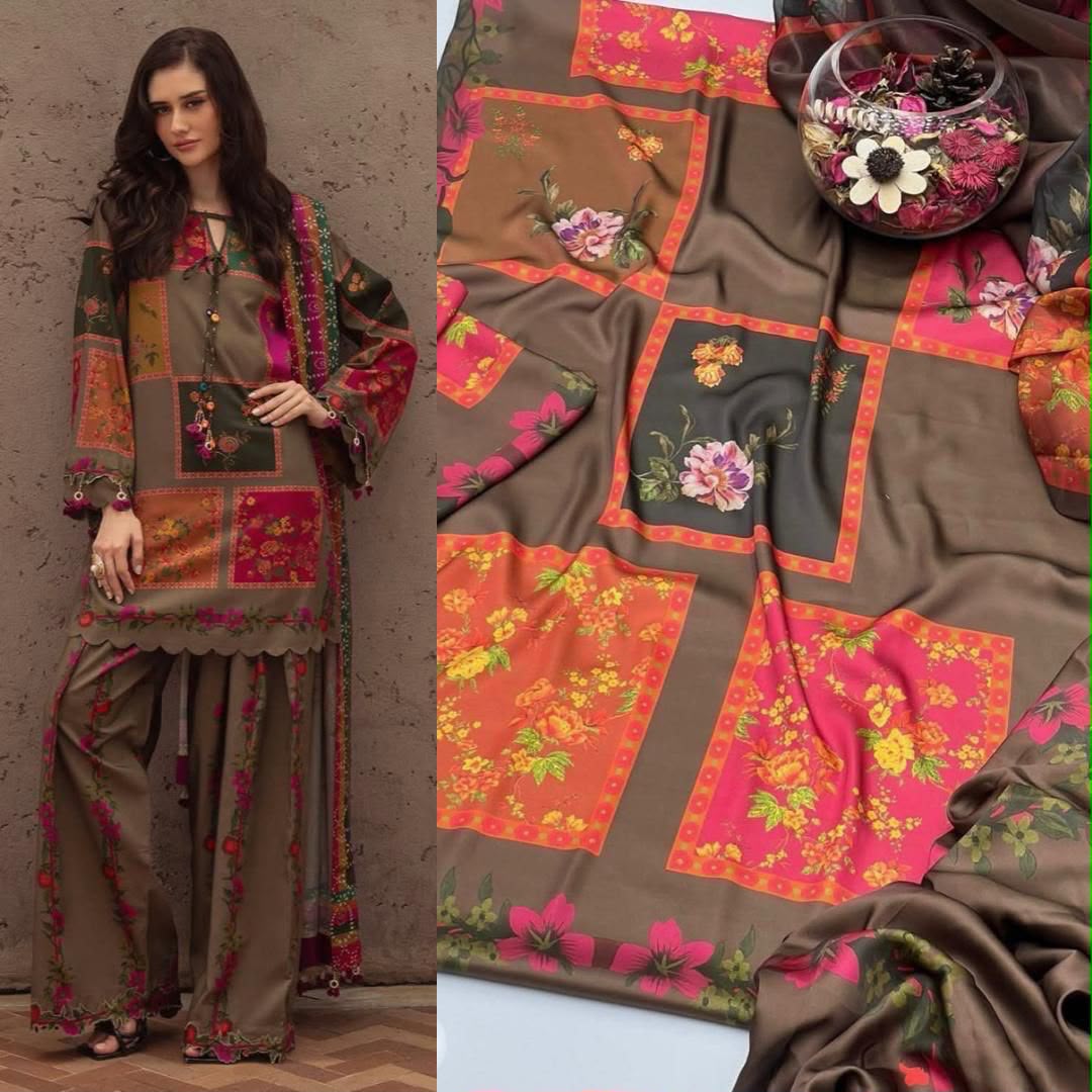 Tie & Dye Digital Printed Shamooz Silk 3 Piece Unstitched Suit