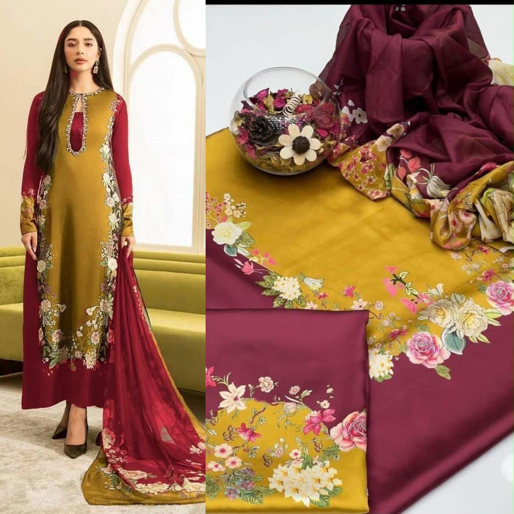 Tie & Dye Digital Printed Shamooz Silk 3 Piece Unstitched Suit