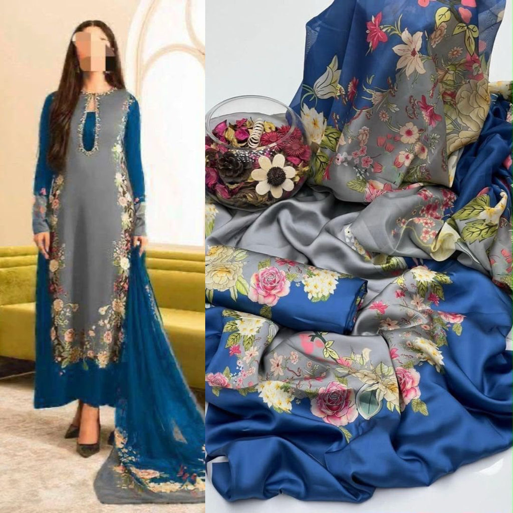 Tie & Dye Digital Printed Shamooz Silk 3 Piece Unstitched Suit