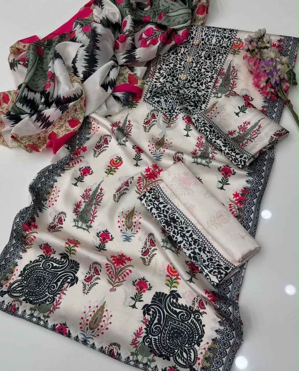 Tie & Dye Digital Printed Shamooz Silk 3 Piece Unstitched Suit