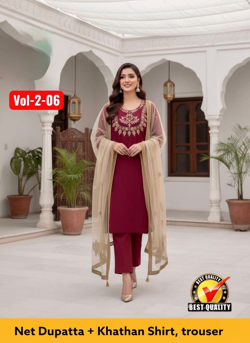 Heavy Mirror Work Katan Silk 3 Piece Unstitched Suit