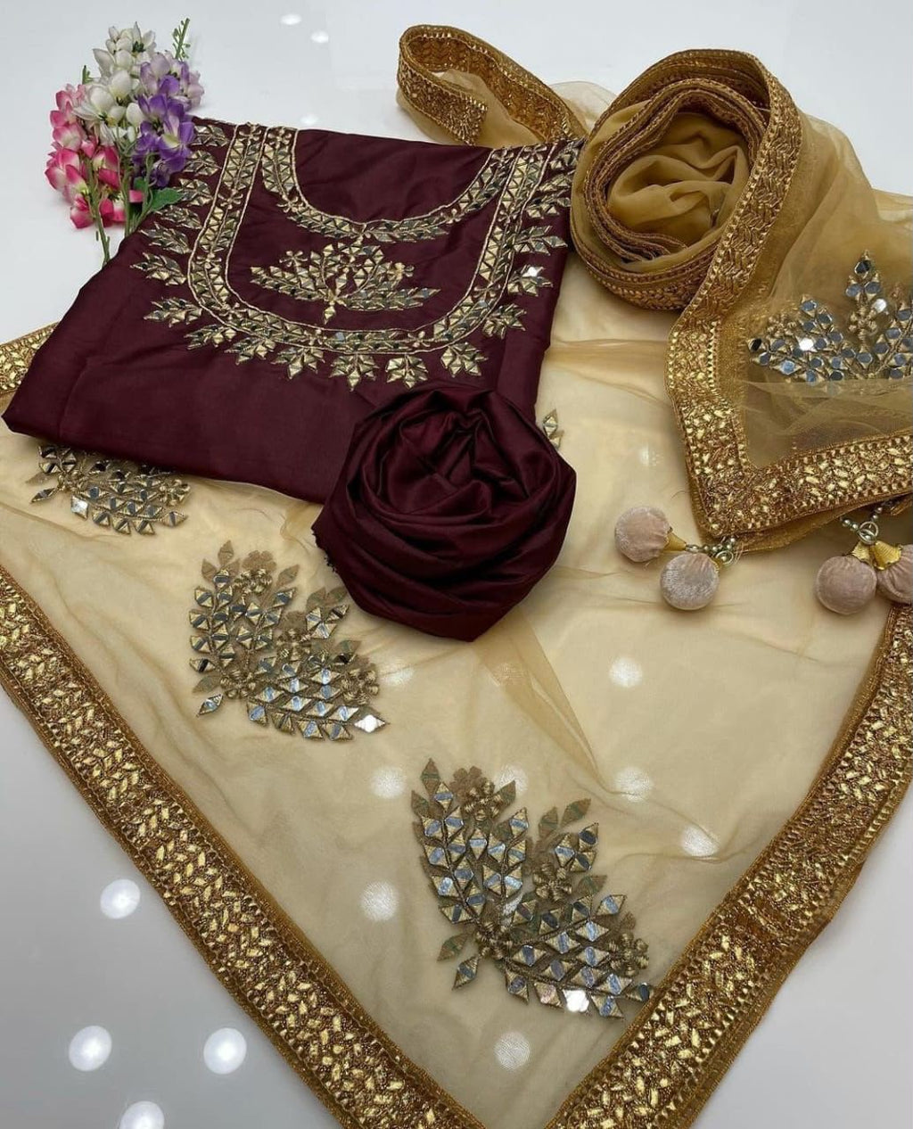 Heavy Mirror Work Katan Silk 3 Piece Unstitched Suit
