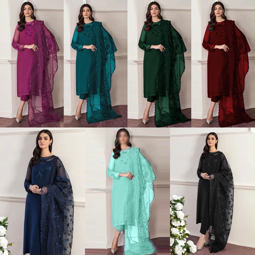 Premium Chiffon Embroidered Unstitched 3 Piece Suit with Organza Dupatta