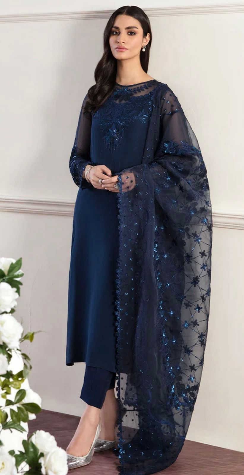 Premium Chiffon Embroidered Unstitched 3 Piece Suit with Organza Dupatta