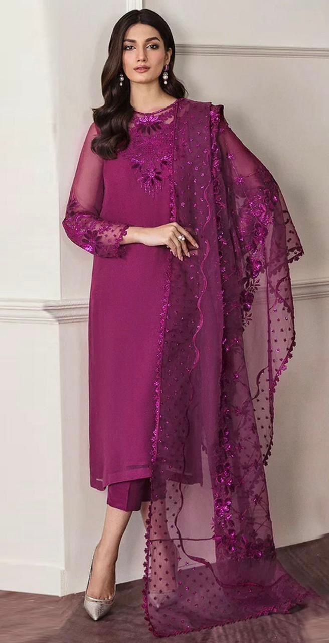 Premium Chiffon Embroidered Unstitched 3 Piece Suit with Organza Dupatta