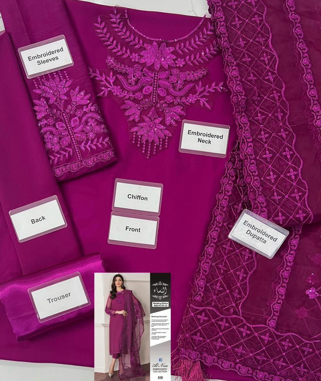 Premium Chiffon Embroidered Unstitched 3 Piece Suit with Organza Dupatta