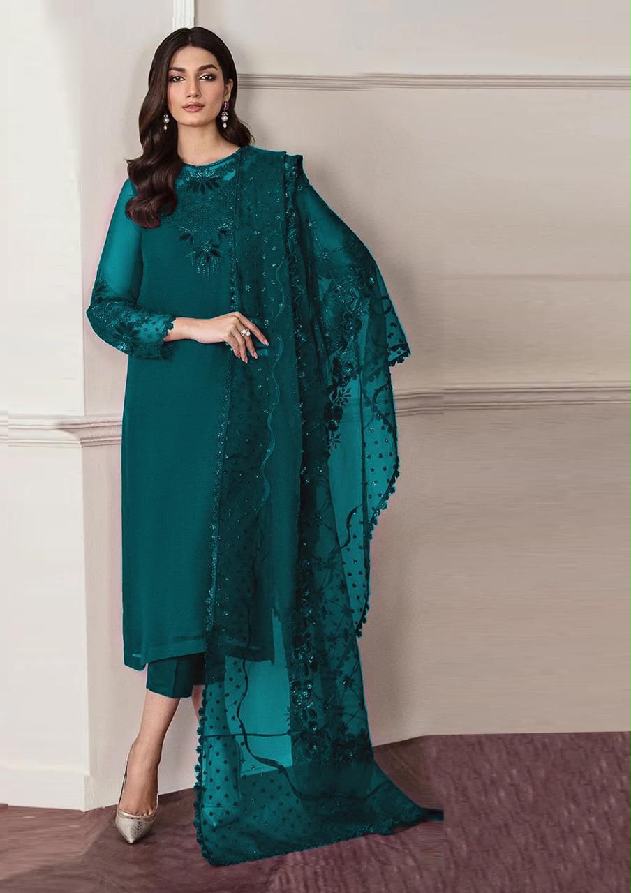 Premium Chiffon Embroidered Unstitched 3 Piece Suit with Organza Dupatta