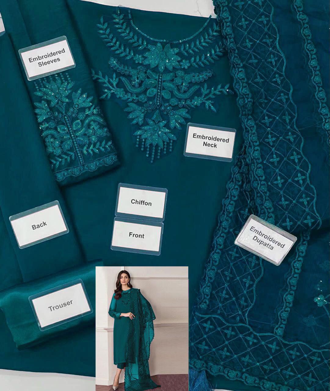 Premium Chiffon Embroidered Unstitched 3 Piece Suit with Organza Dupatta