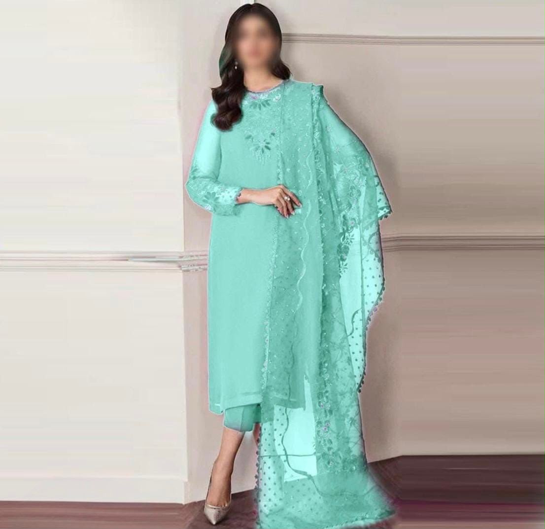 Premium Chiffon Embroidered Unstitched 3 Piece Suit with Organza Dupatta