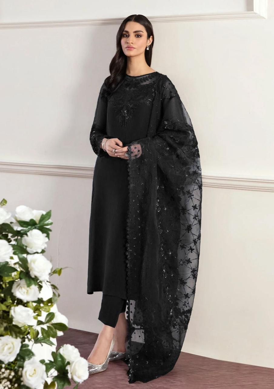 Premium Chiffon Embroidered Unstitched 3 Piece Suit with Organza Dupatta