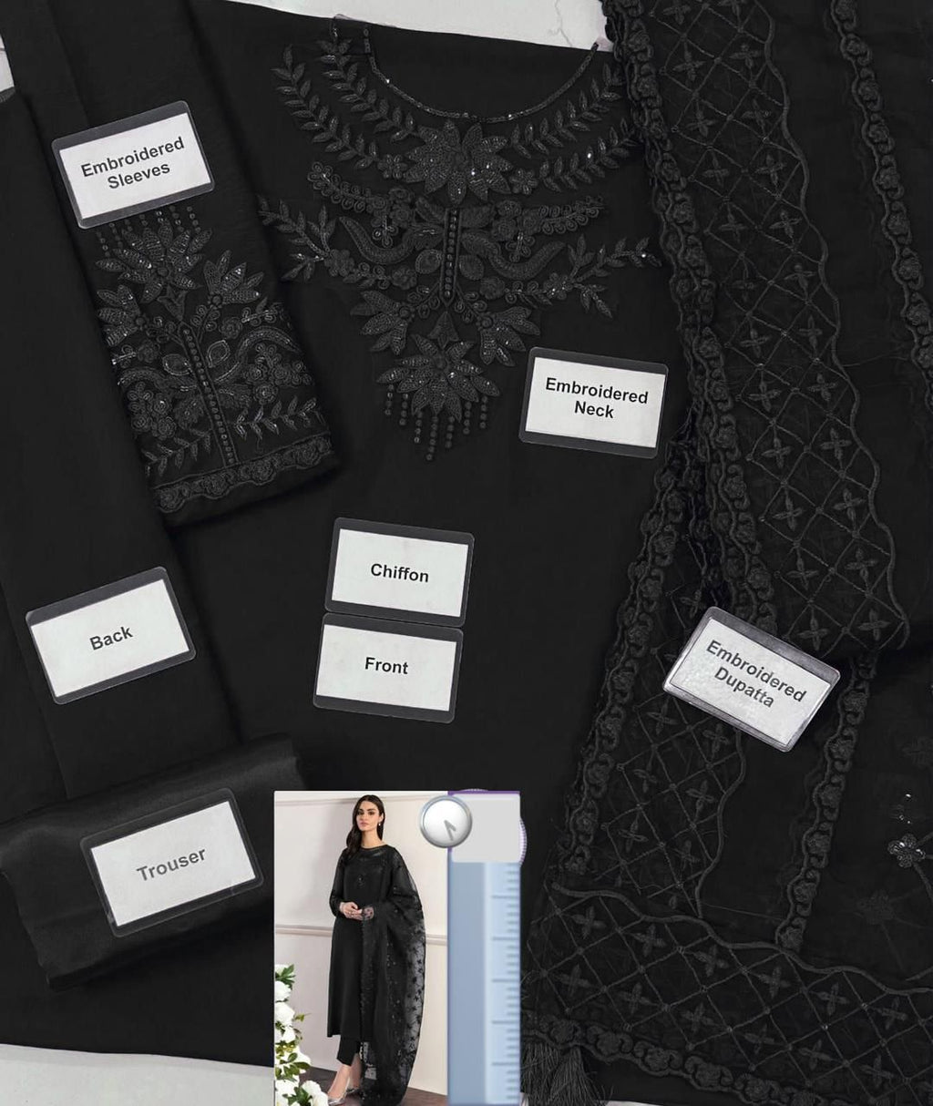 Premium Chiffon Embroidered Unstitched 3 Piece Suit with Organza Dupatta