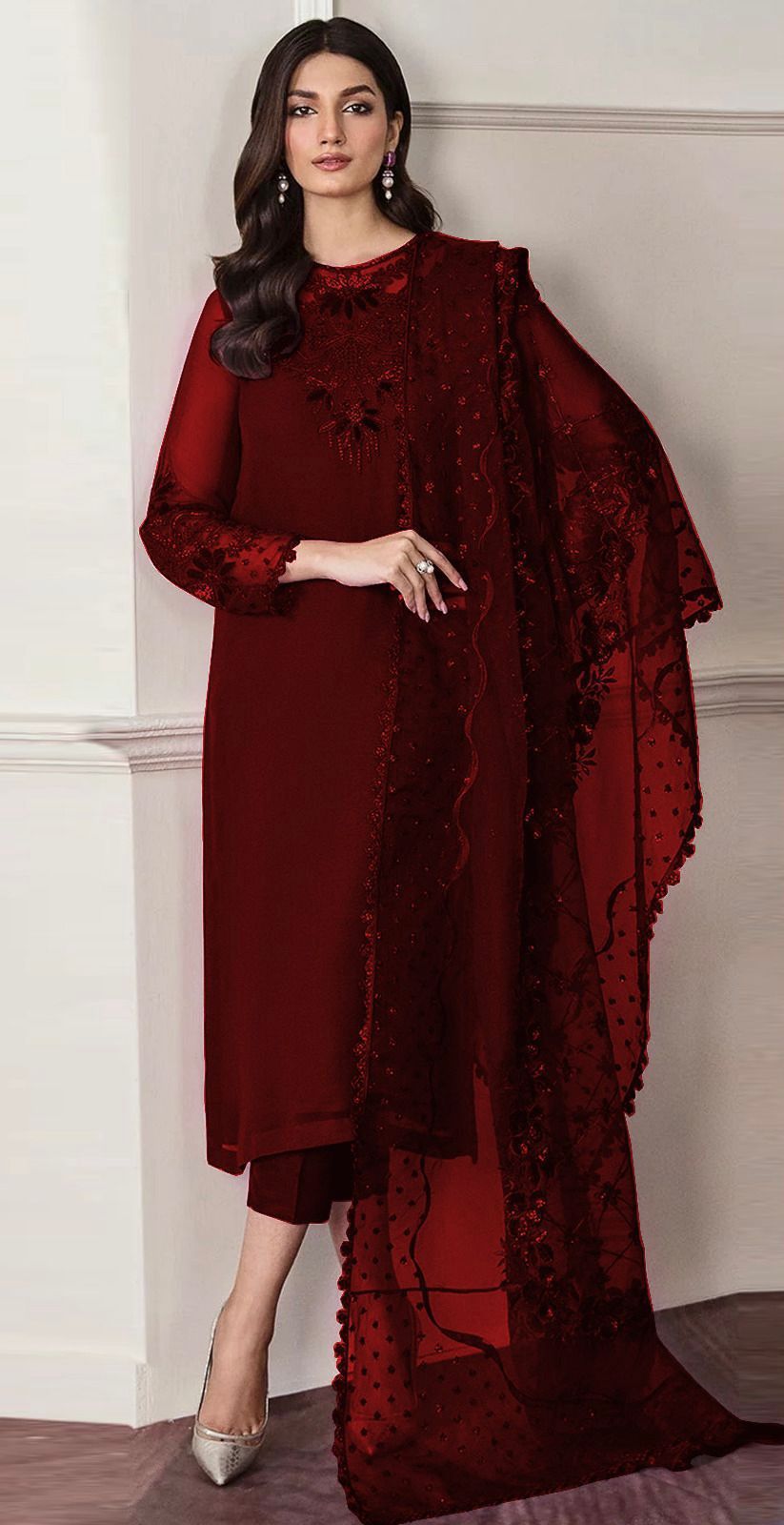 Premium Chiffon Embroidered Unstitched 3 Piece Suit with Organza Dupatta