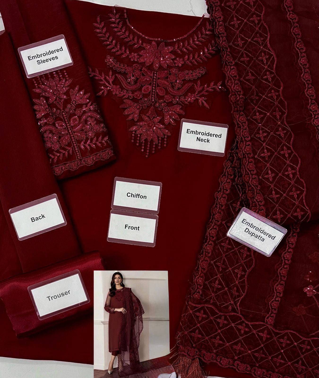 Premium Chiffon Embroidered Unstitched 3 Piece Suit with Organza Dupatta